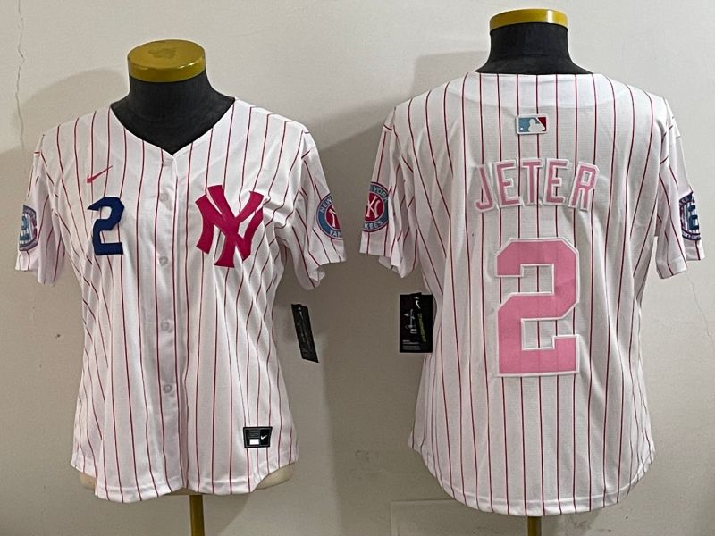 Youth 2025 New York Yankees #2 Jeter White pink Joint Name Nike MLB Jersey style 7